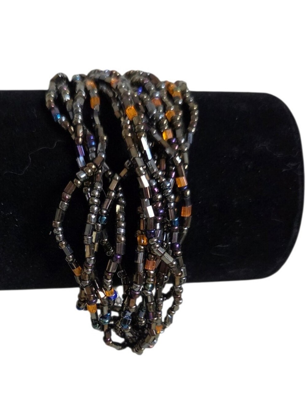 multi strand iridescent gunmetal glass seed bead cuff bracelet orange amber acce